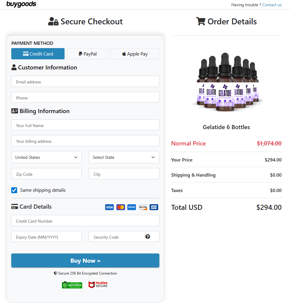 Gelatide secure checkout page